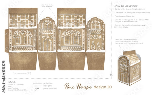 Obraz Christmas Gingerbread Village Paper House template. Vintage Printable file for print. Print and glue house scheme.