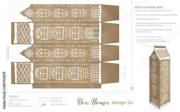 Obraz Christmas Gingerbread Village Paper House template. Vintage Printable file for print. Print and glue house scheme.