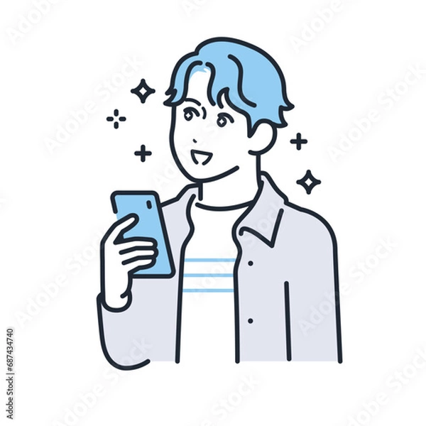 Fototapeta スマートフォンを持って期待するカジュアルな服装の若い男性のシンプルなベクターイラスト素材