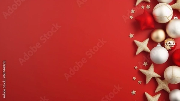 Fototapeta bright flat lay stock Christmas photo with copy space, realistic lighting, photorealistic made by generative ai