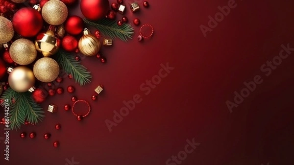 Fototapeta bright flat lay stock Christmas photo with copy space, realistic lighting, photorealistic made by generative ai