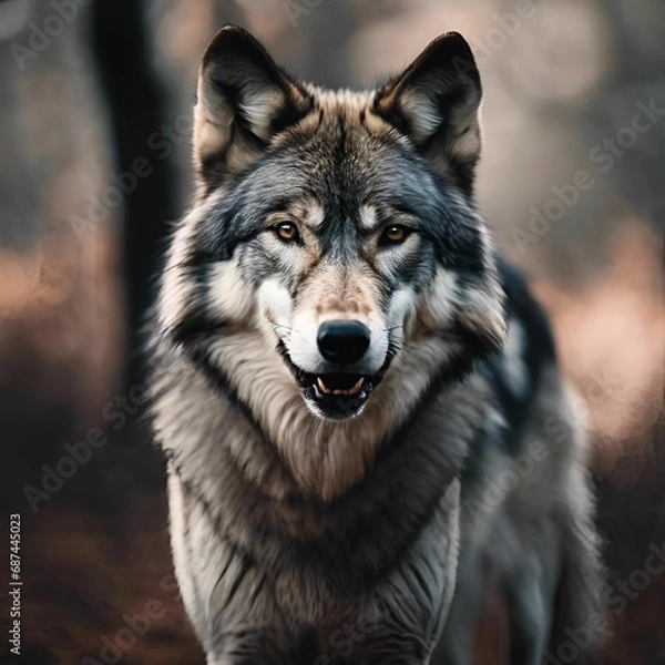 Fototapeta AI generated illustration of a majestic wolf walking through a lush forest setting
