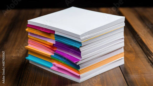 Fototapeta Stack of multi-colored folders and documents on a wooden office desk, indicating a substantial amount of paperwork.