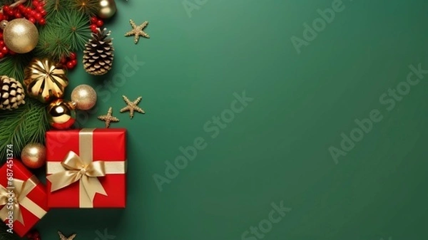 Fototapeta Christmas Day concept. Top view photo of big present box green red baubles gold star ornament pine cone mistletoe berries snow and fir branches made by generative ai