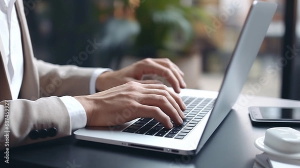 Fototapeta Close-up portrait typing keyboard on laptop computer. Working online on white table at office