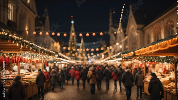 Fototapeta An abstract scene of a bustling Christmas market with vendors' stalls illuminated by bokeh lights, evoking a nostalgic and cheerful holiday spirit.