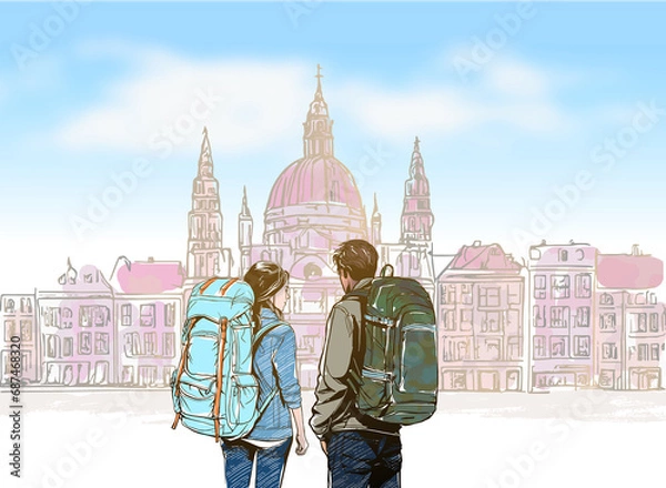 Fototapeta side view of a young couple carrying large backpacks while visiting European landmarks, with classical buildings in pastel colors in the background, conveying a romantic atmosphere, hand drawn 