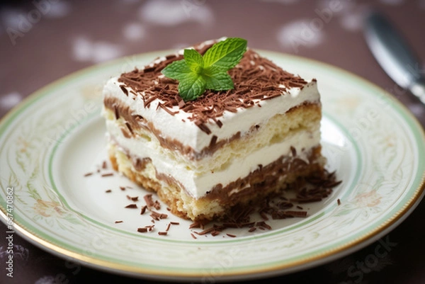 Obraz tiramisu, beautifully presented on a white plate atop a marble table. This close-up shot captures the essence of this delectable treat. Selective focus adds a touch of elegance. Generative AI.