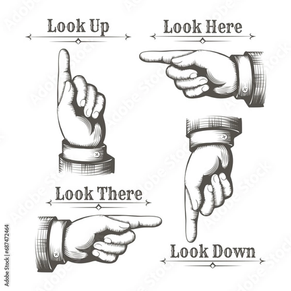 Fototapeta Pointing fingers Vintage Collection. Male Hands Pointing Different Directions Set