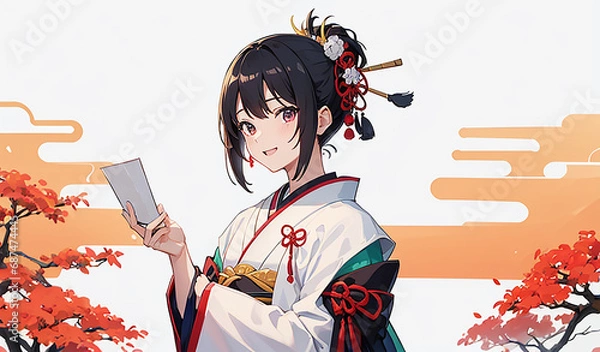 Obraz 着物姿の女性　和服　浴衣　成人式　初詣　白バック｜Generative AI