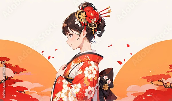 Obraz 着物姿の女性　和服　浴衣　成人式　初詣　白バック｜Generative AI