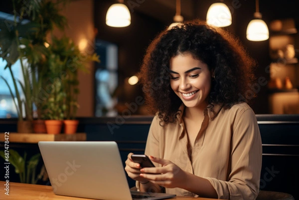 Fototapeta Smiling woman sitting at a table with a laptop and cell phone. Generative AI