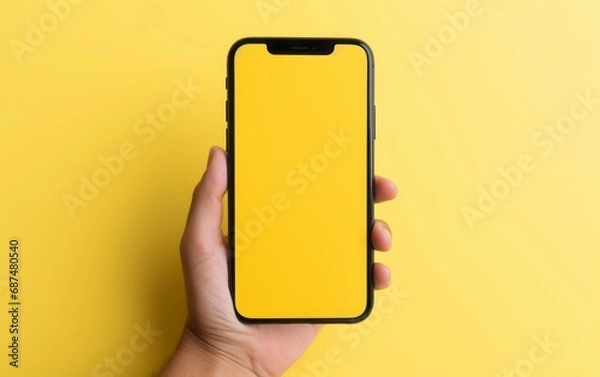 Fototapeta Studio picture of smartphone in male hand, on the yellow background.