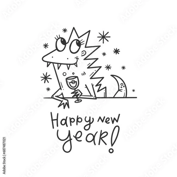 Fototapeta New Year card with cute cartoon dragon. Chinese calendar symbol. Vector holiday poster. Funny animal. Contour  doodle image no fill.