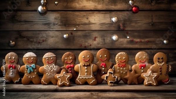 Fototapeta Professional photo of Many Cute Detailed Gingerbread Men all Holding hands on a Simple Wooden Table.