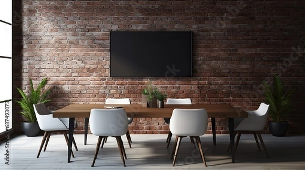 Fototapeta Front view of empty modern conference room with office table and chairs with dark brick cement wall, Generative AI