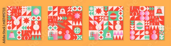 Obraz Christmas and Happy New Year greeting card templates.Festive vector backgrounds in flat modern style with traditional winter holiday symbols.Xmas pattern designs for branding,invitations,prints,smm