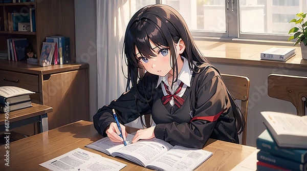 Obraz 受験勉強中の女学生イラスト、横アングル｜Generative AI