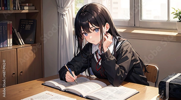Obraz 受験勉強中の女学生イラスト、横アングル｜Generative AI