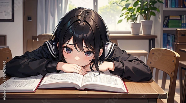 Obraz 受験勉強中の女学生イラスト、正面顔｜Generative AI