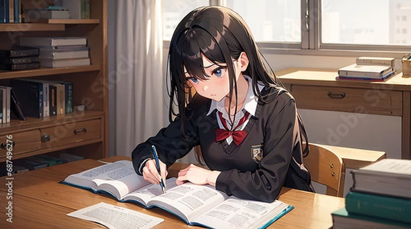 Obraz 受験勉強中の女学生イラスト、人物中央｜Generative AI