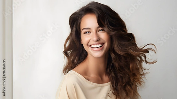 Fototapeta Big bright white smile headshot with a beautiful brunette woman sincere happy cheerful positive expression. generative ai.