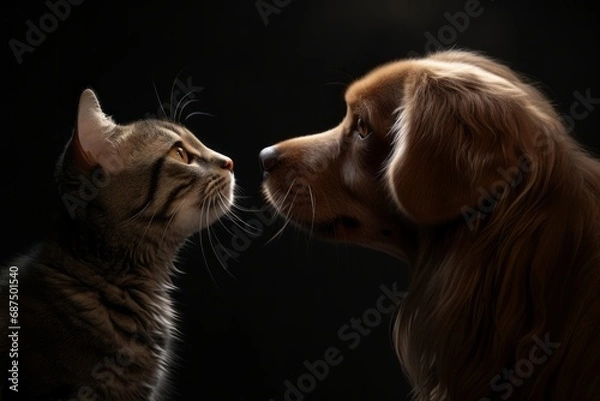 Obraz Close Encounter. Cat and Dog Meet Nose to Nose
