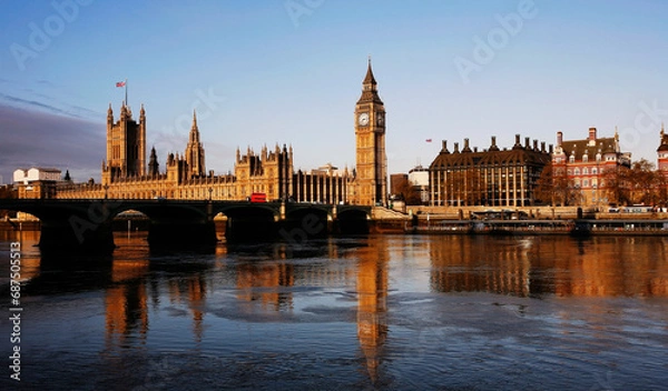 Obraz London skyline, peaceful morning tranquility, include many iconic landmarks such as Westminster Palace, Bridge, Victoria Tower, Thames River, Portcullis House and Water reflection present.