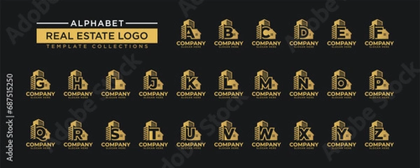 Fototapeta Set of real estate logo template with alphabet and building vector concept.