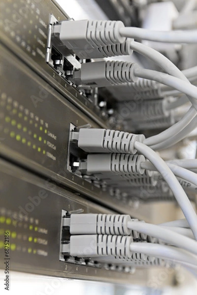 Fototapeta Patch Panel server rack with gray cords