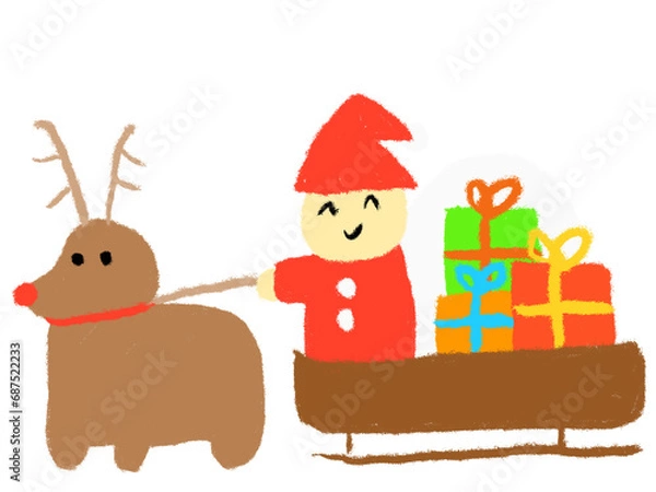 Obraz 子どもがクレヨンで描いたようなサンタクロースが赤鼻のトナカイとソリでプレゼントを運んでいるイラスト