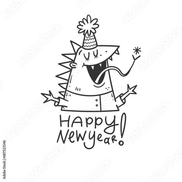 Fototapeta New Year card with cute cartoon dragon. Chinese calendar symbol. Vector holiday poster. Funny animal. Contour  doodle image no fill.