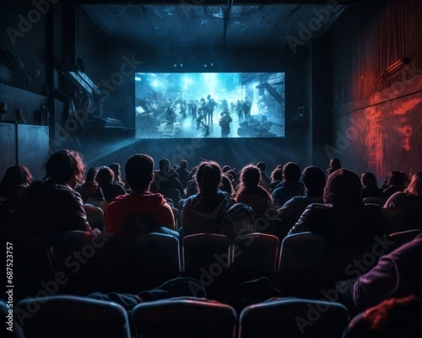 Fototapeta Shot from behind people sitting in a cinema and watching a movie.