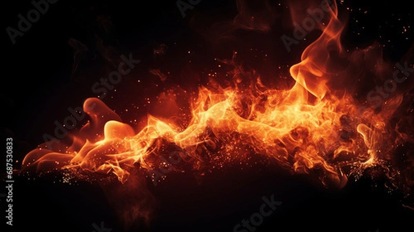 Fototapeta Intense Fiery Display: Burning Flames and Sparks on a Dramatic Black Background - Dynamic Energy and Power in a Mesmerizing Heatwave Composition.