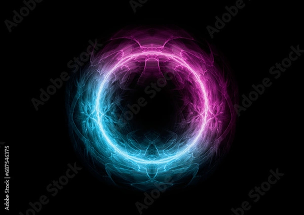 Fototapeta Neon cyan and purple fractal lightning background, electrical abstract