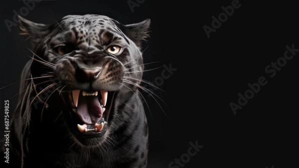 Fototapeta Angry panther roaring ready to attack isolated on gray background