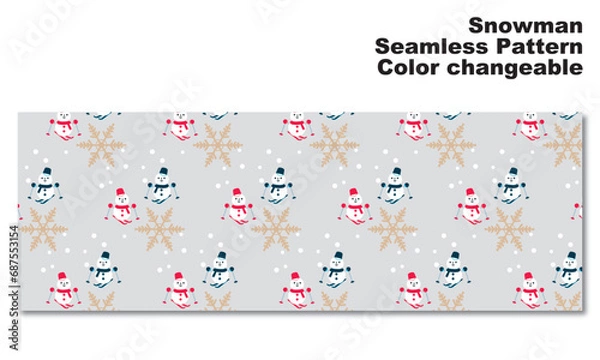 Obraz 雪だるまと雪の結晶をモチーフにした背景パターン、シームレス、グラフィック素材、ベクター
