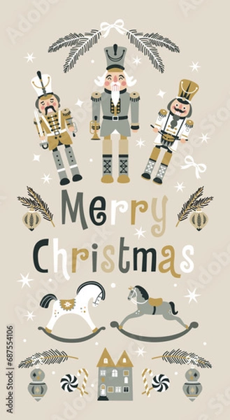 Fototapeta Merry Christmas Nutcrackers Vector banner on Light Background. Postcard. Childish rocking horses. New Year illustration.