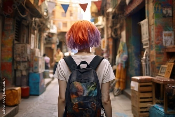 Fototapeta Casual traveler with short hair and a backpack, view from the back.