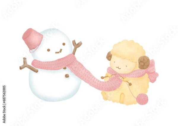 Obraz 雪だるまにマフラーを編む羊のイラスト