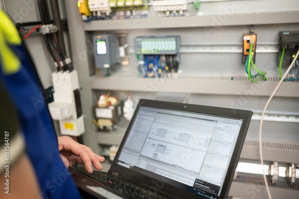 Fototapeta Programmer of PLC checks correct function of program in PLC with electrical cabinet in background
