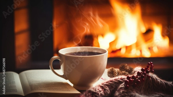 Obraz A cup of hot drink and a book against the backdrop of a warm, cozy fireplace with place for text