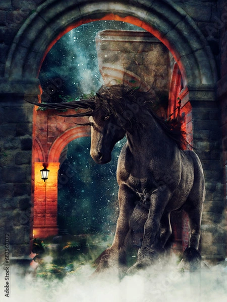 Obraz Fantasy scene with a black unicorn standing in ancient ruins at night. 