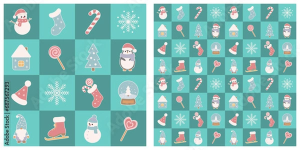 Obraz Seamless pattern with christmas elements on checkered background