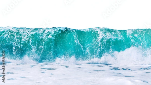 Fototapeta Powerful sea blue waves with white foam isolated on a white background.