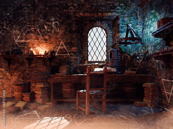 Obraz Fantasy medieval alchemist's chamber, with a table and chair, books, alchemical symbols and papers.