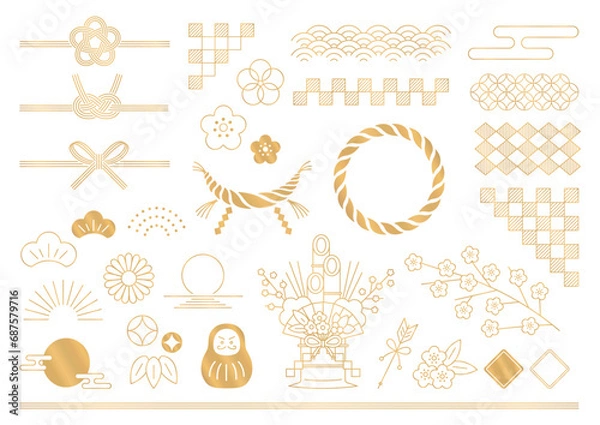 Fototapeta お正月の飾りイラスト。新年のデザイン素材セット。金色。和柄、水引、挿絵、フレーム。