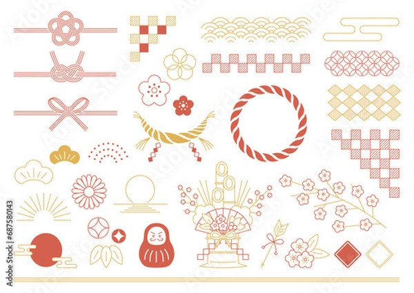 Fototapeta お正月の飾りイラスト。新年のデザイン素材セット。和柄、水引、挿絵、フレーム。