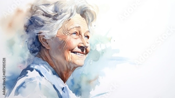 Obraz watercolor portrait of cheerful senior lady,isolated on white background