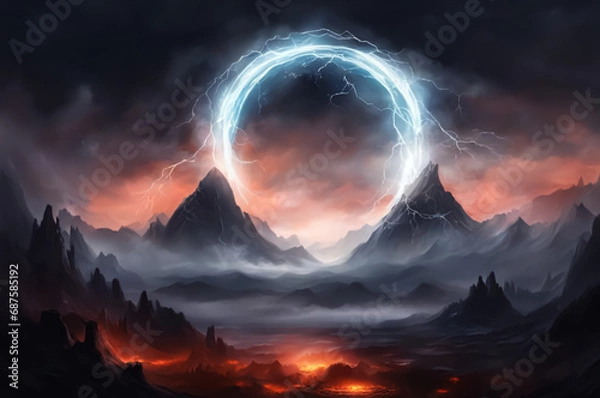 Fototapeta A fantastic landscape with a neon circle. The background is dark. AI